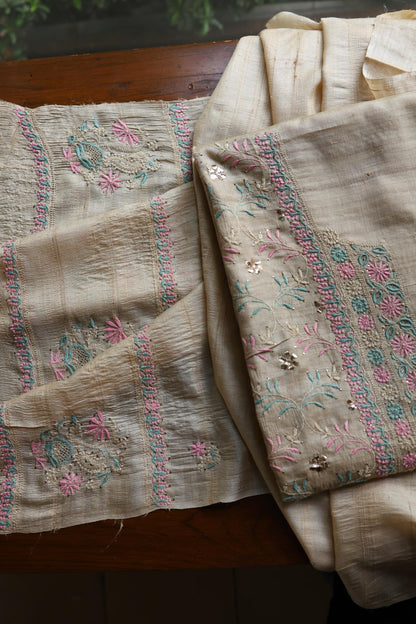 Natural Beige Chikankari & Mukaish Kamdani Unstitched Kurta Dupatta Set