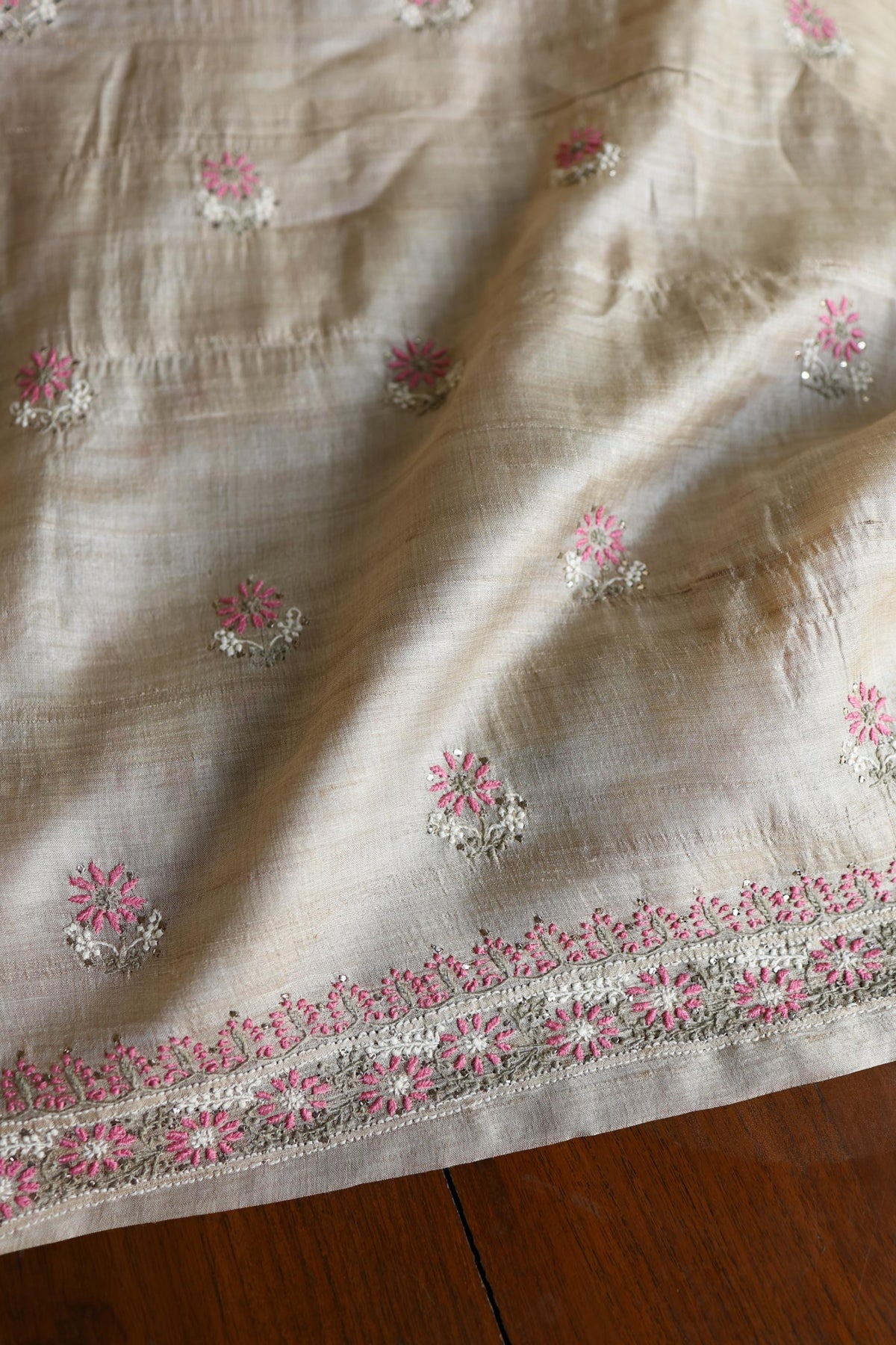 Natural Beige Chikankari & Mukaish Kamdani Unstitched Kurta Dupatta Set