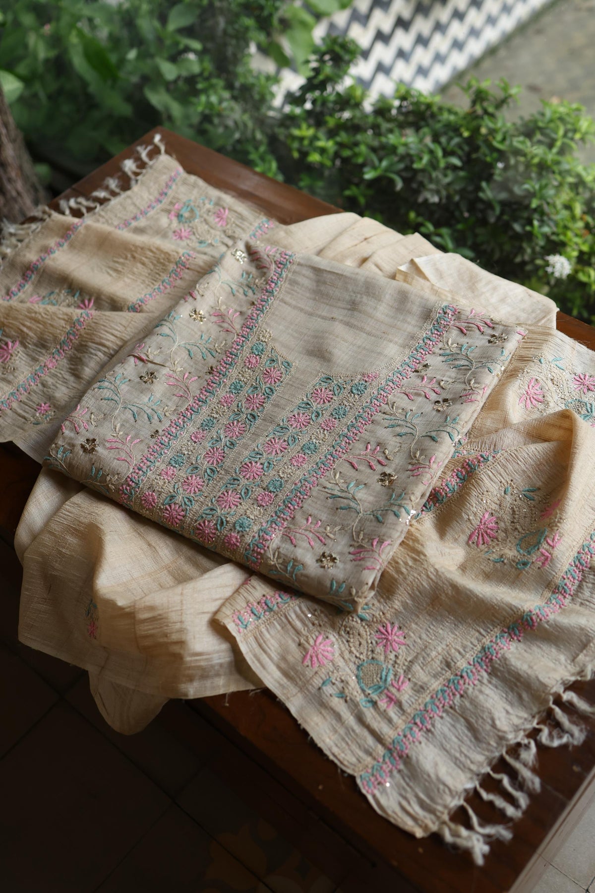 Natural Beige Chikankari & Mukaish Kamdani Unstitched Kurta Dupatta Set