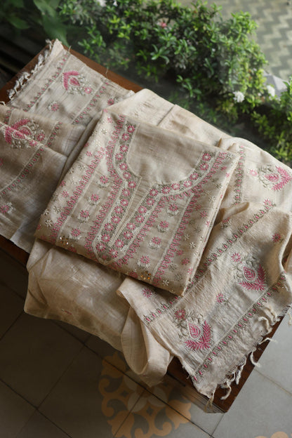 Natural Beige Chikankari & Mukaish Kamdani Unstitched Kurta Dupatta Set