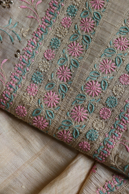 Natural Beige Chikankari & Mukaish Kamdani Unstitched Kurta Dupatta Set