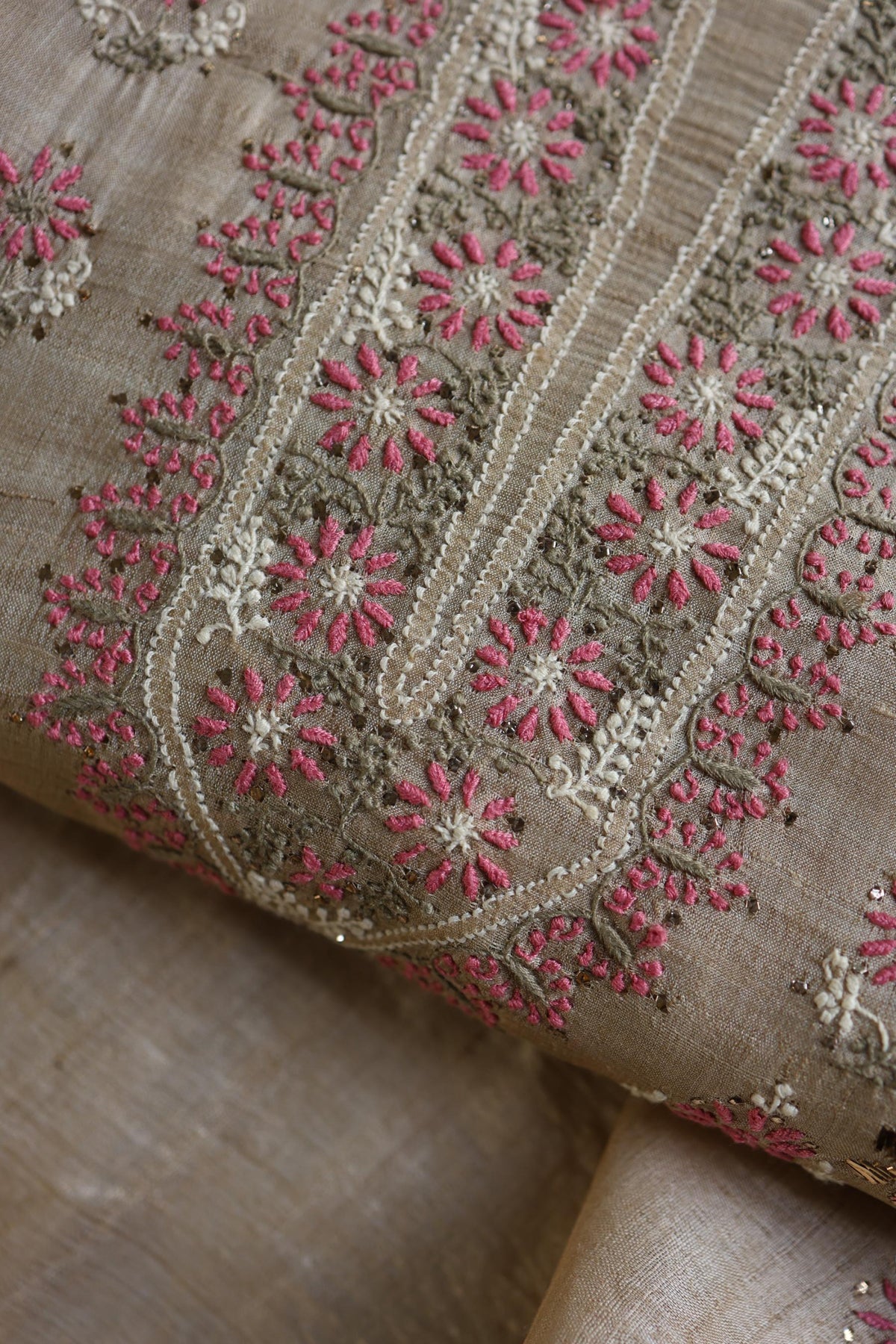 Natural Beige Chikankari & Mukaish Kamdani Unstitched Kurta Dupatta Set