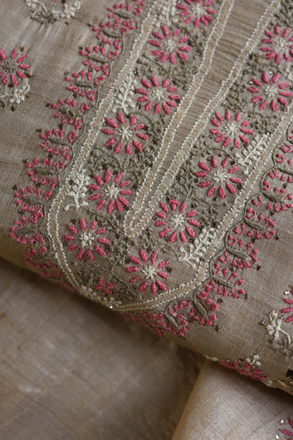 Natural Beige Chikankari & Mukaish Kamdani Unstitched Kurta Dupatta Set