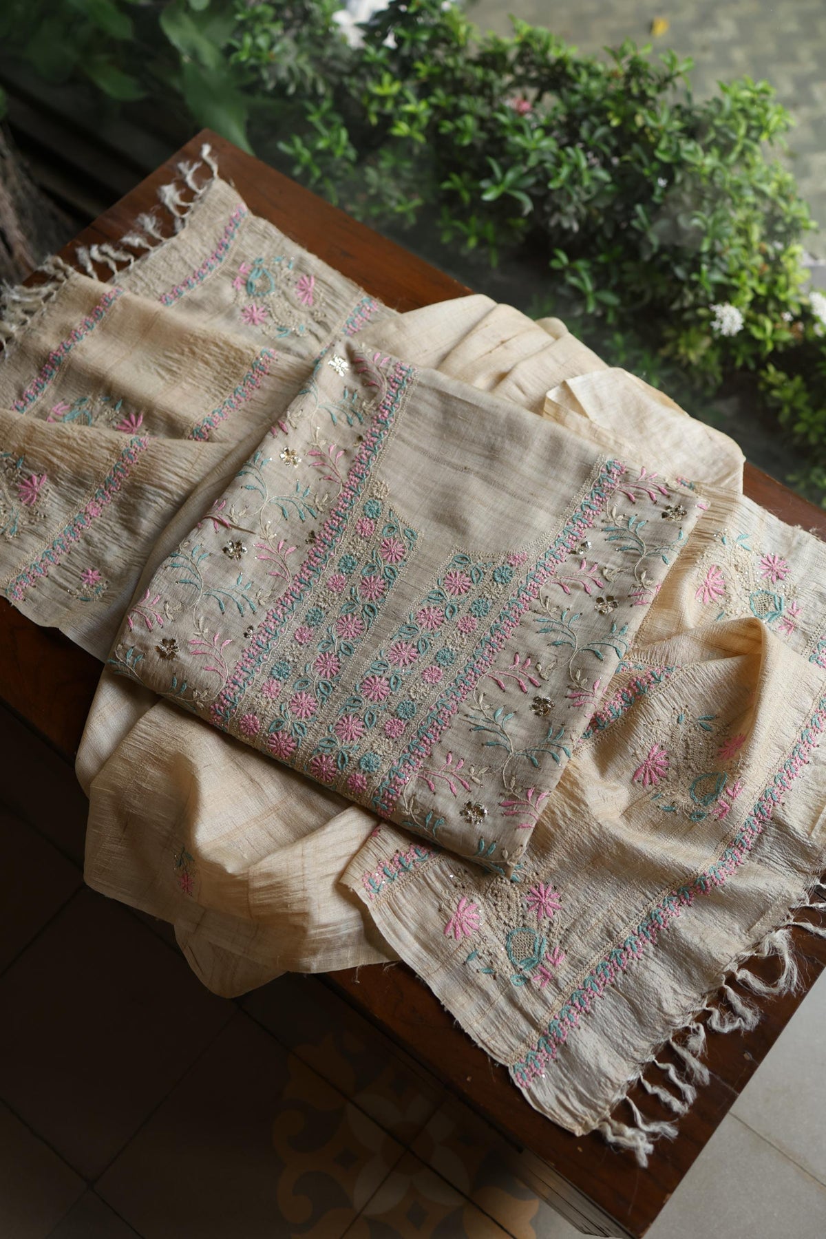 Natural Beige Chikankari & Mukaish Kamdani Unstitched Kurta Dupatta Set