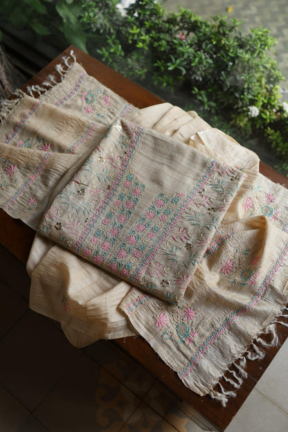 Natural Beige Chikankari & Mukaish Kamdani Unstitched Kurta Dupatta Set