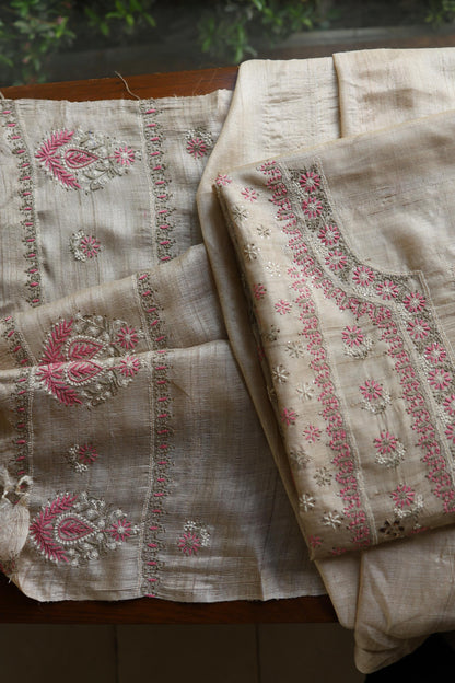 Natural Beige Chikankari & Mukaish Kamdani Unstitched Kurta Dupatta Set