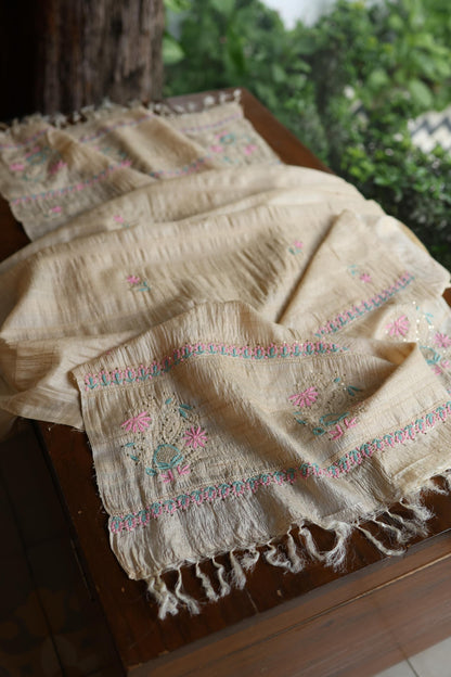 Natural Beige Chikankari & Mukaish Kamdani Unstitched Kurta Dupatta Set