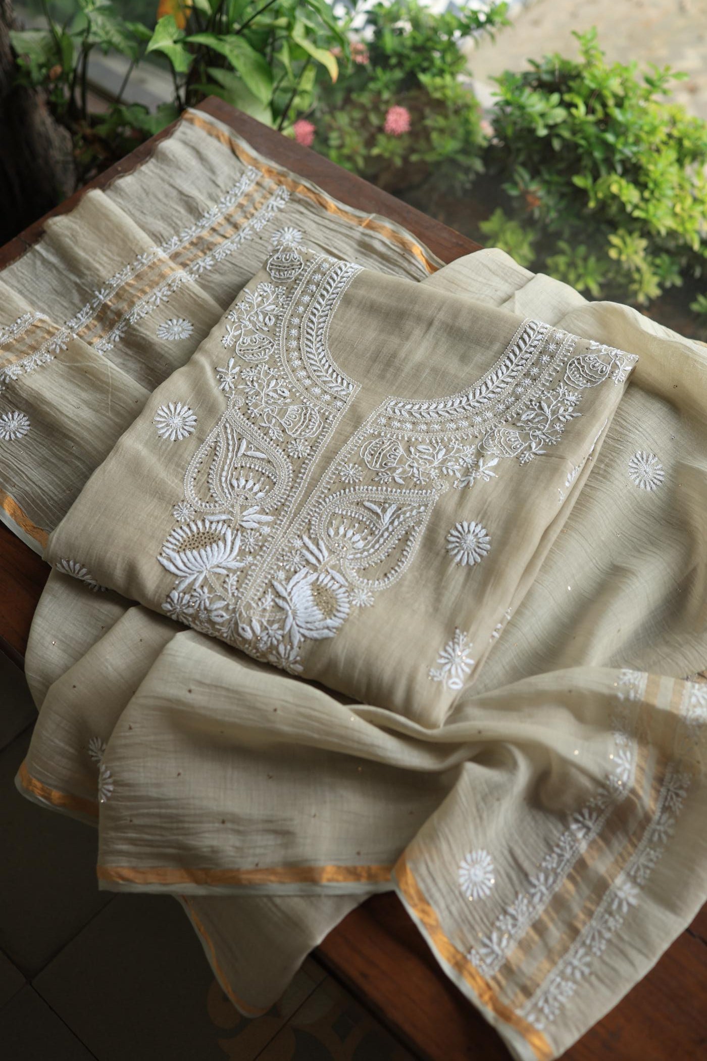 Natural Beige Mal Cotton Chikankari Unstitched Kurta Dupatta Fabrics With Kamdani