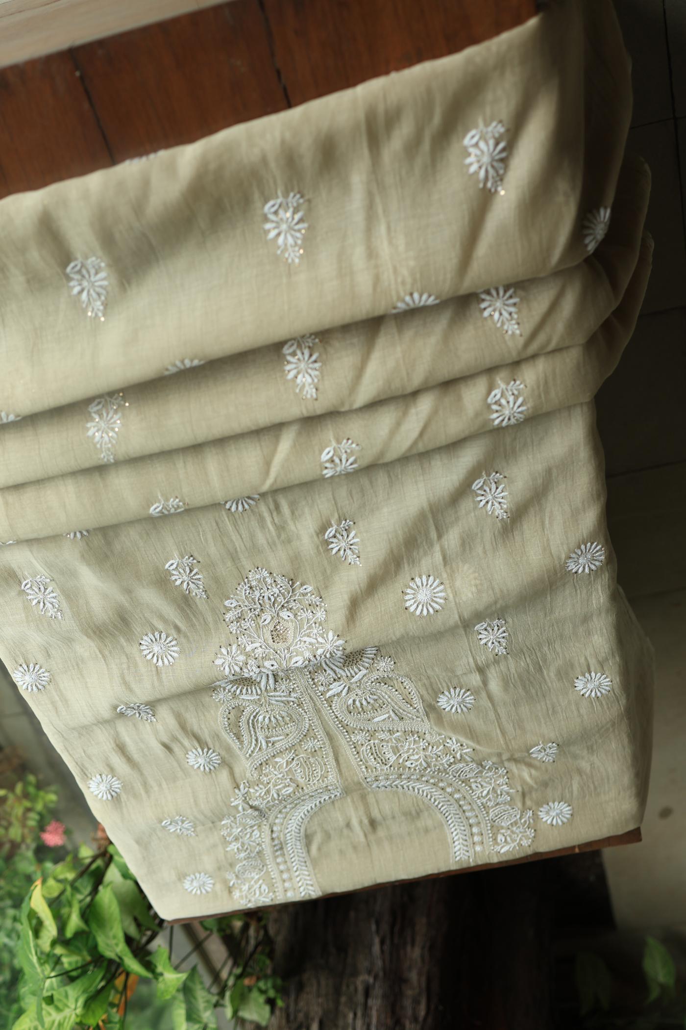 Natural Beige Mal Cotton Chikankari Unstitched Kurta Dupatta Fabrics With Kamdani