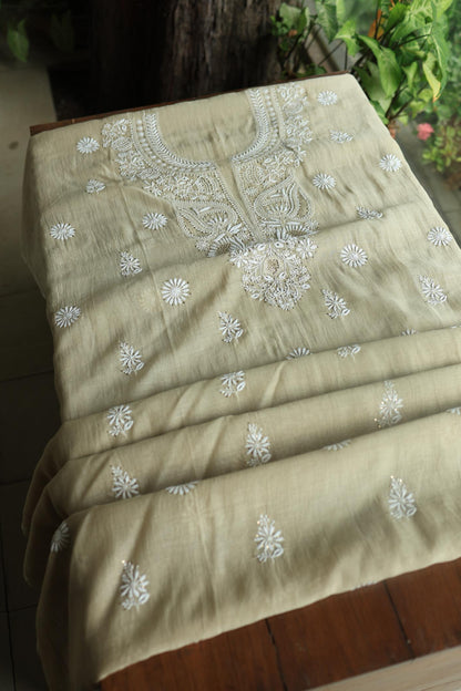 Natural Beige Mal Cotton Chikankari Unstitched Kurta Dupatta Fabrics With Kamdani