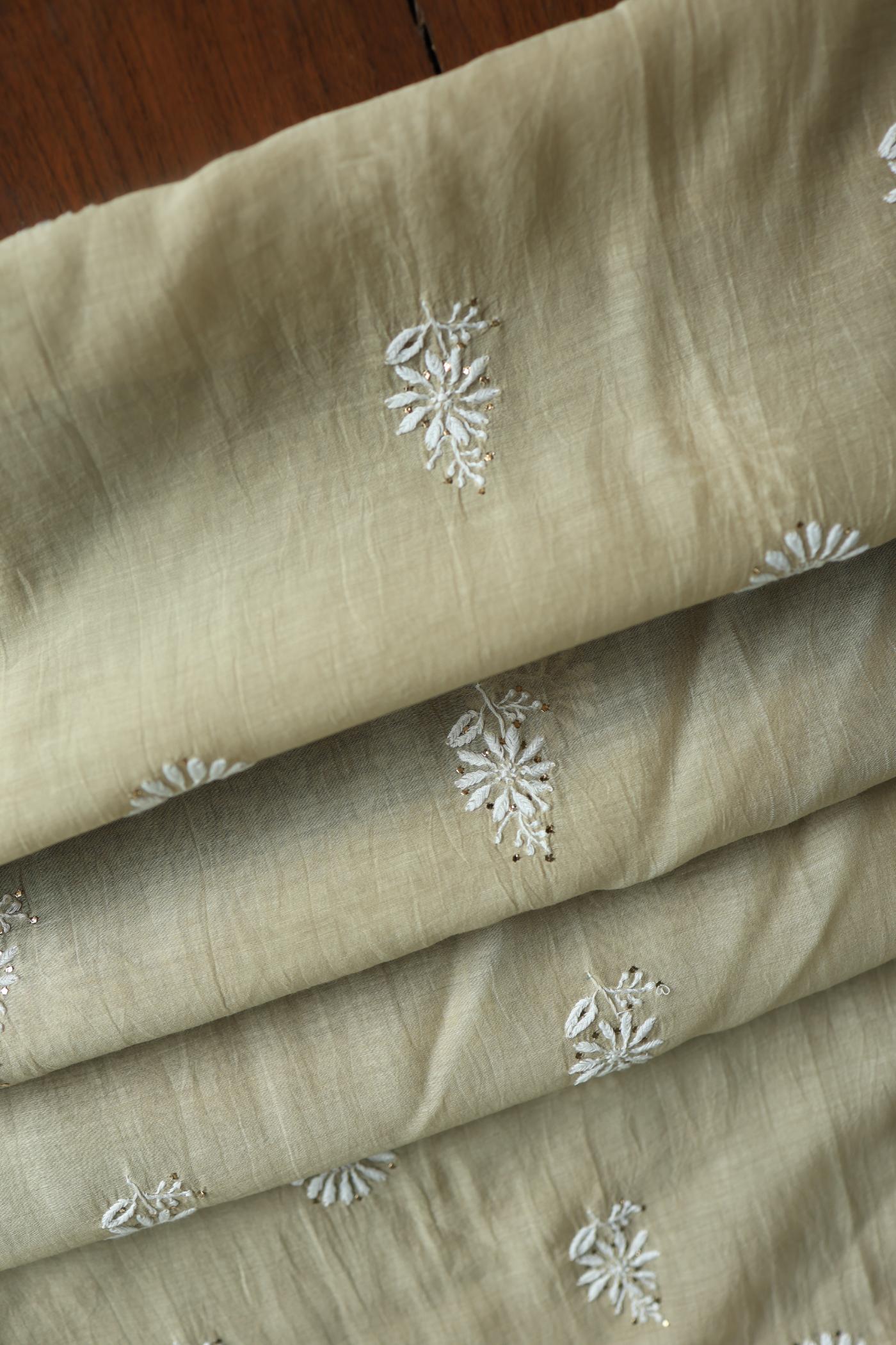 Natural Beige Mal Cotton Chikankari Unstitched Kurta Dupatta Fabrics With Kamdani