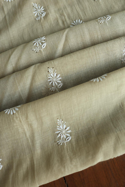 Natural Beige Mal Cotton Chikankari Unstitched Kurta Dupatta Fabrics With Kamdani