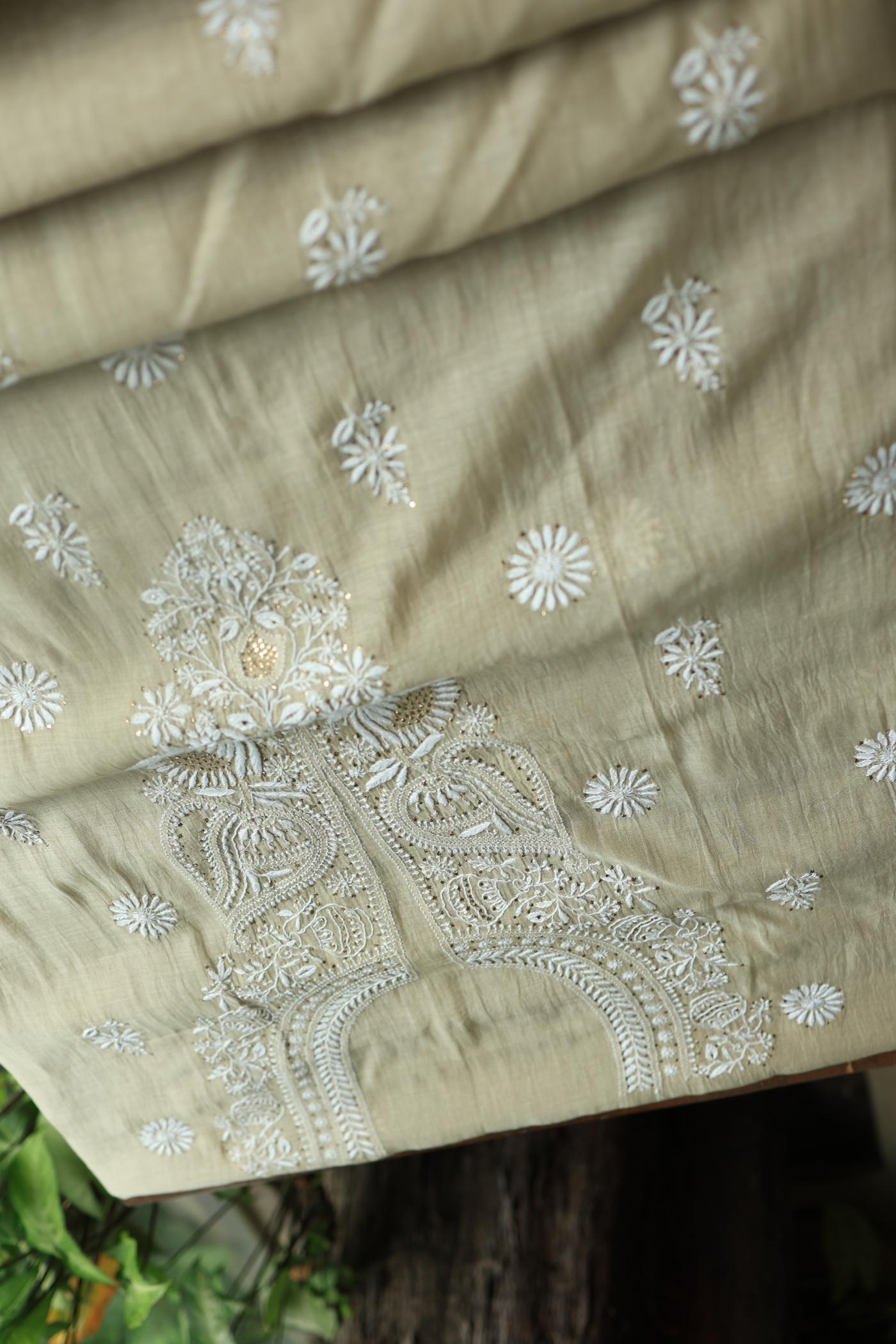 Natural Beige Mal Cotton Chikankari Unstitched Kurta Dupatta Fabrics With Kamdani