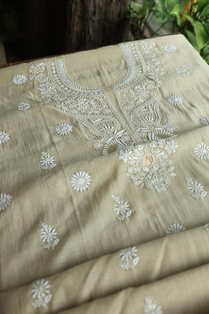 Natural Beige Mal Cotton Chikankari Unstitched Kurta Dupatta Fabrics With Kamdani