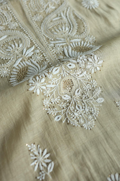 Natural Beige Mal Cotton Chikankari Unstitched Kurta Dupatta Fabrics With Kamdani