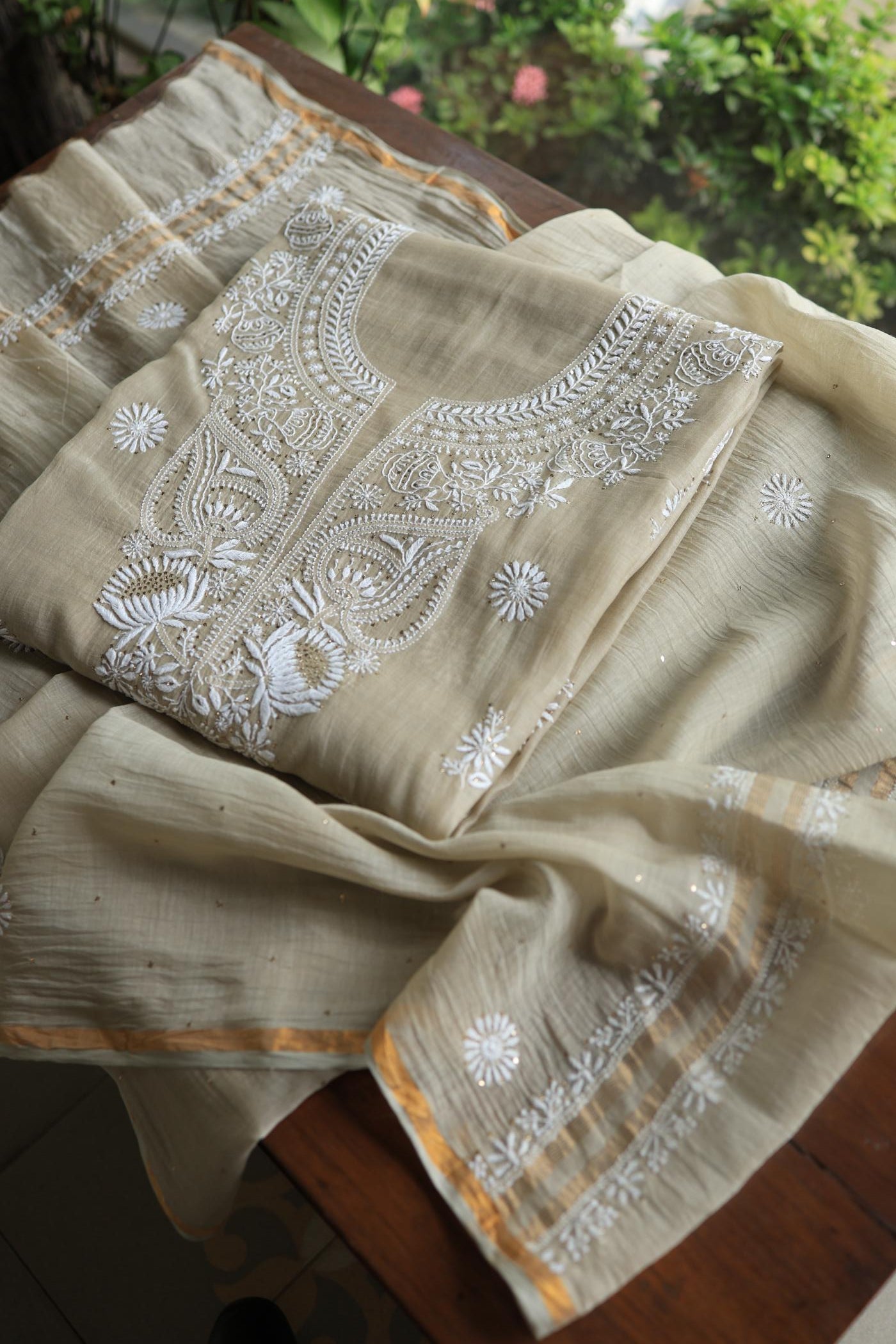 Natural Beige Mal Cotton Chikankari Unstitched Kurta Dupatta Fabrics With Kamdani