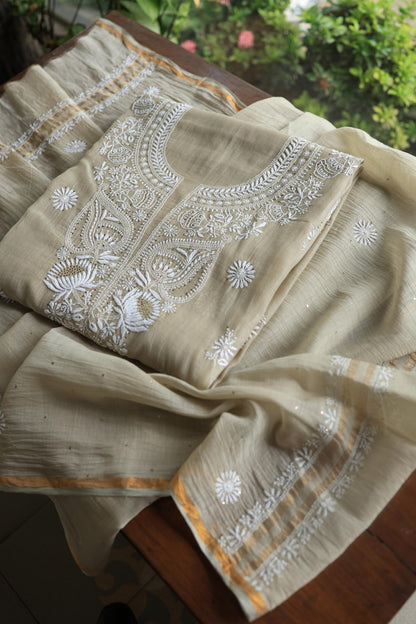 Natural Beige Mal Cotton Chikankari Unstitched Kurta Dupatta Fabrics With Kamdani