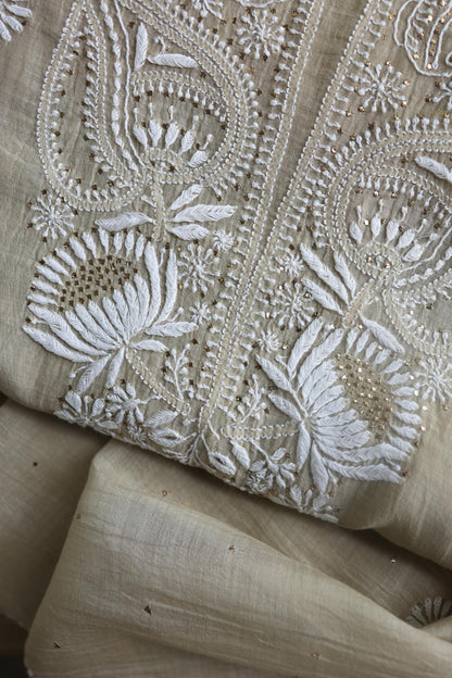 Natural Beige Mal Cotton Chikankari Unstitched Kurta Dupatta Fabrics With Kamdani
