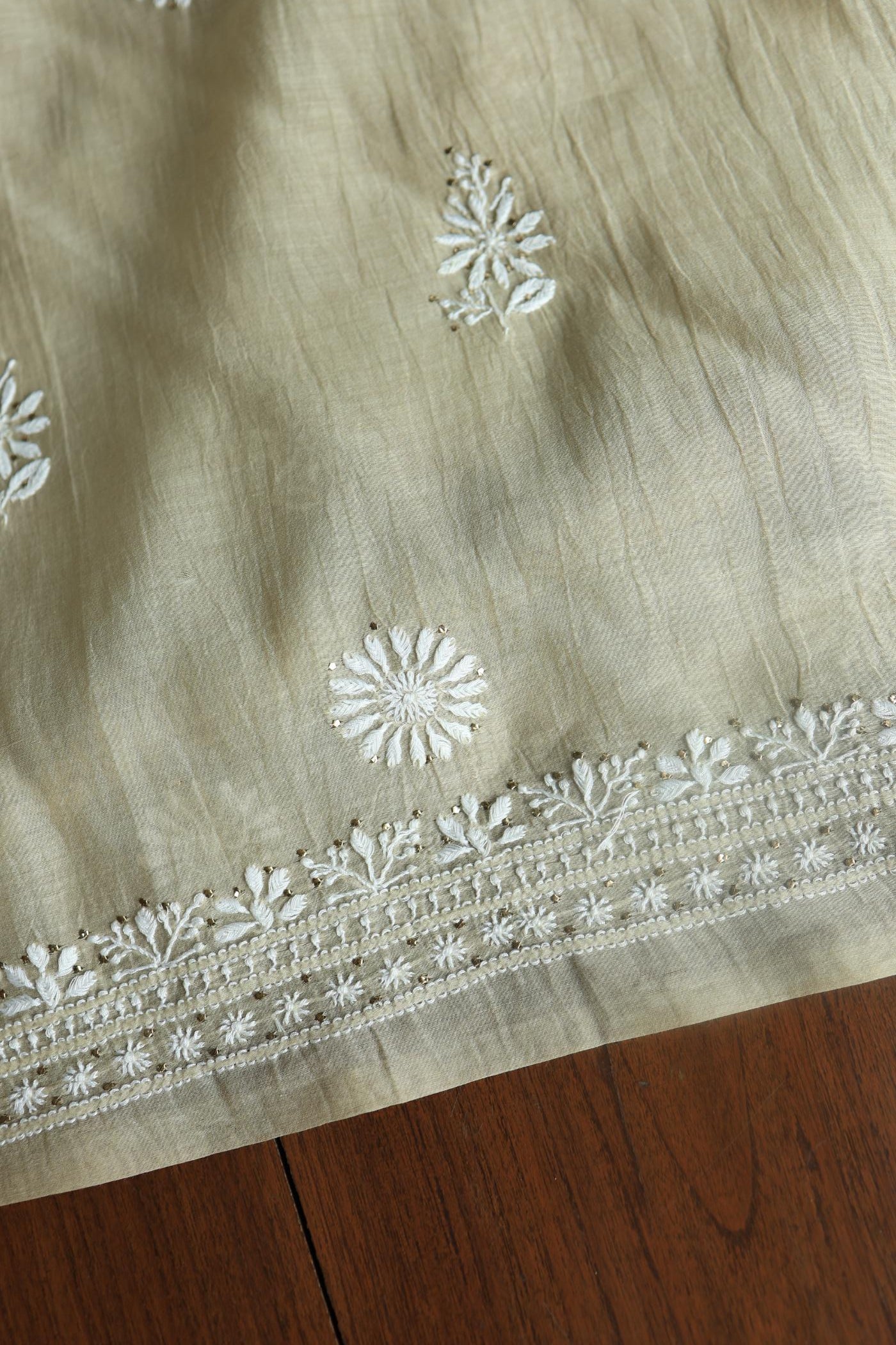 Natural Beige Mal Cotton Chikankari Unstitched Kurta Dupatta Fabrics With Kamdani