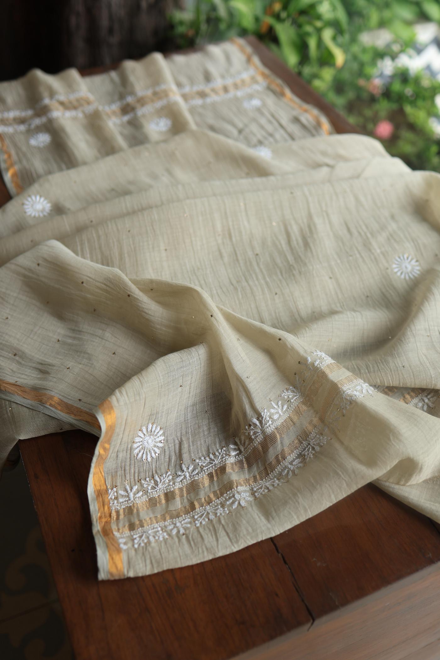 Natural Beige Mal Cotton Chikankari Unstitched Kurta Dupatta Fabrics With Kamdani