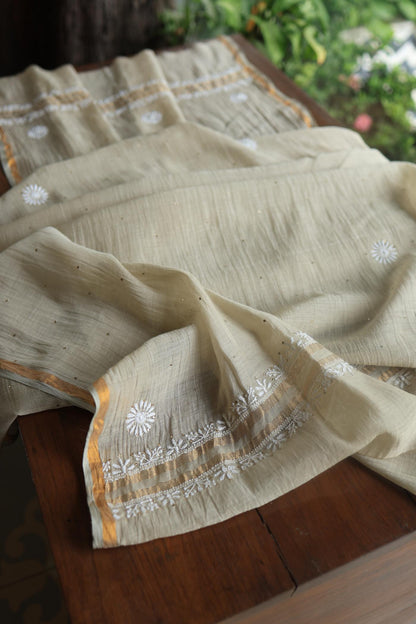 Natural Beige Mal Cotton Chikankari Unstitched Kurta Dupatta Fabrics With Kamdani