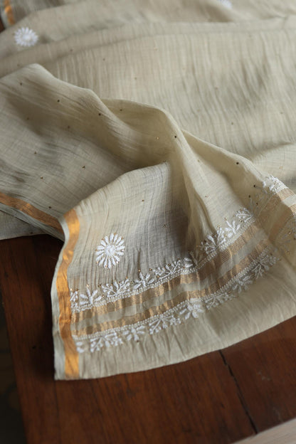 Natural Beige Mal Cotton Chikankari Unstitched Kurta Dupatta Fabrics With Kamdani