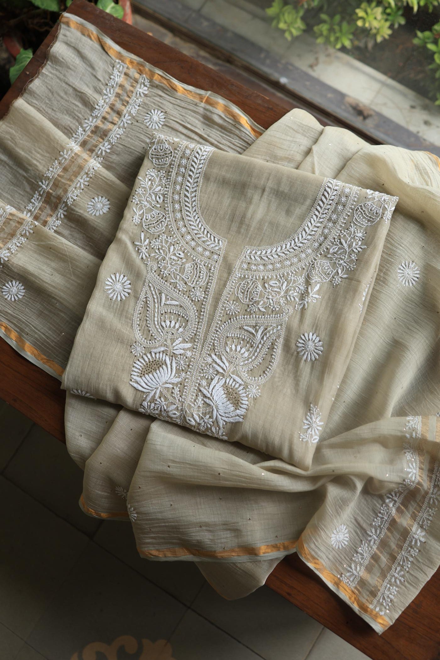 Natural Beige Mal Cotton Chikankari Unstitched Kurta Dupatta Fabrics With Kamdani
