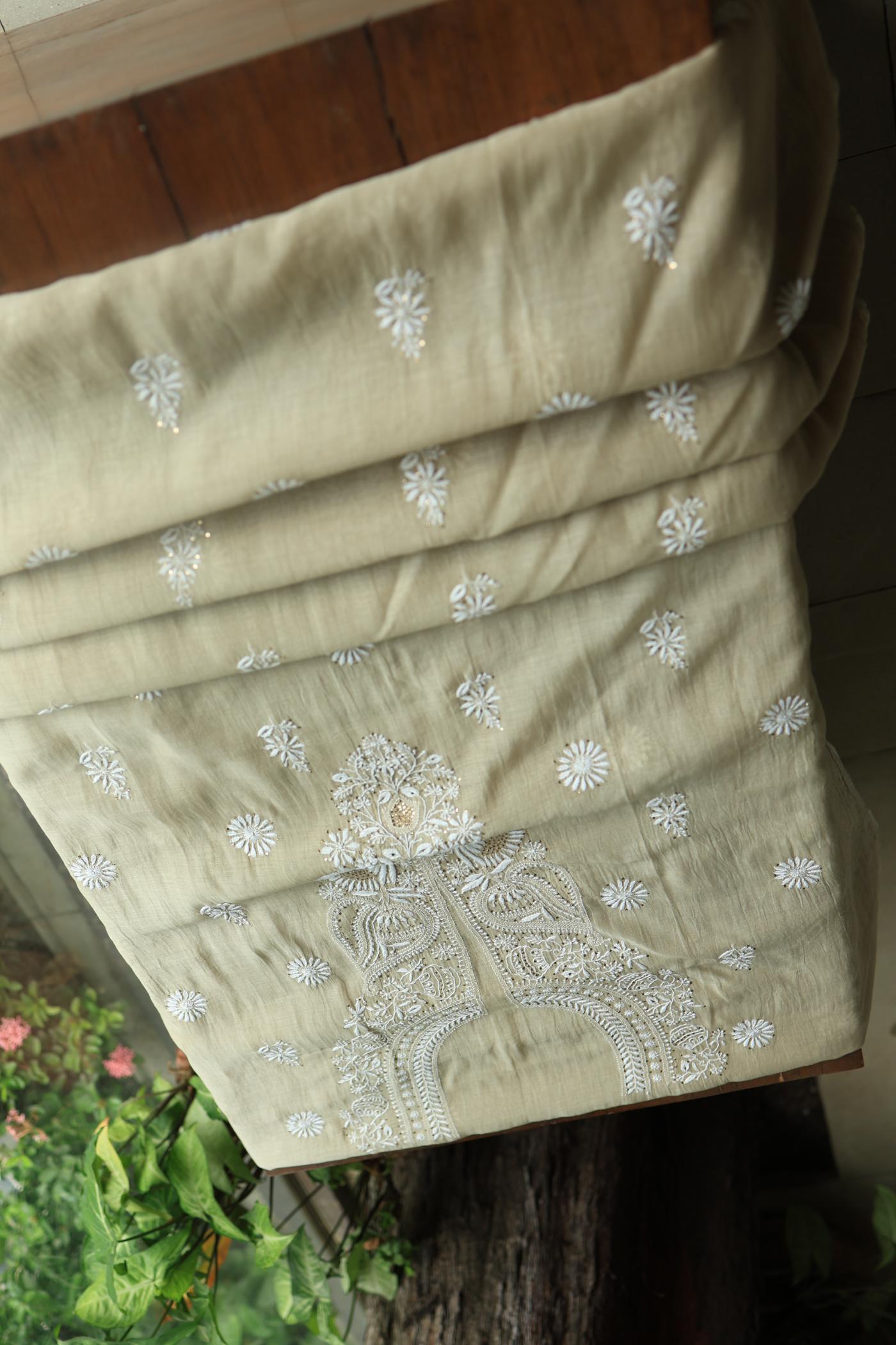 Natural Beige Mal Cotton Chikankari Unstitched Kurta Dupatta Fabrics With Kamdani
