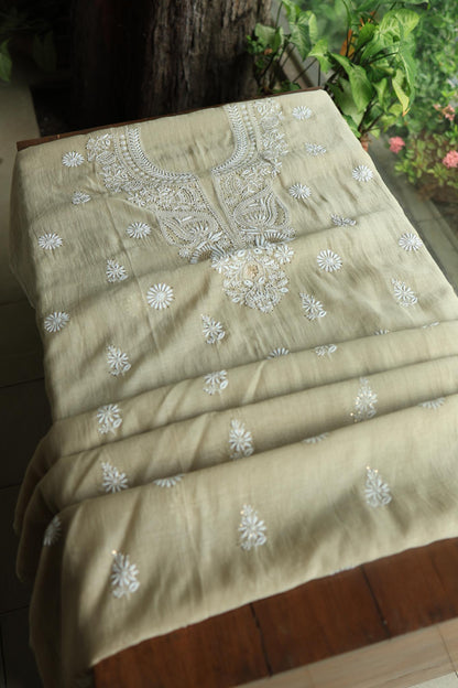 Natural Beige Mal Cotton Chikankari Unstitched Kurta Dupatta Fabrics With Kamdani
