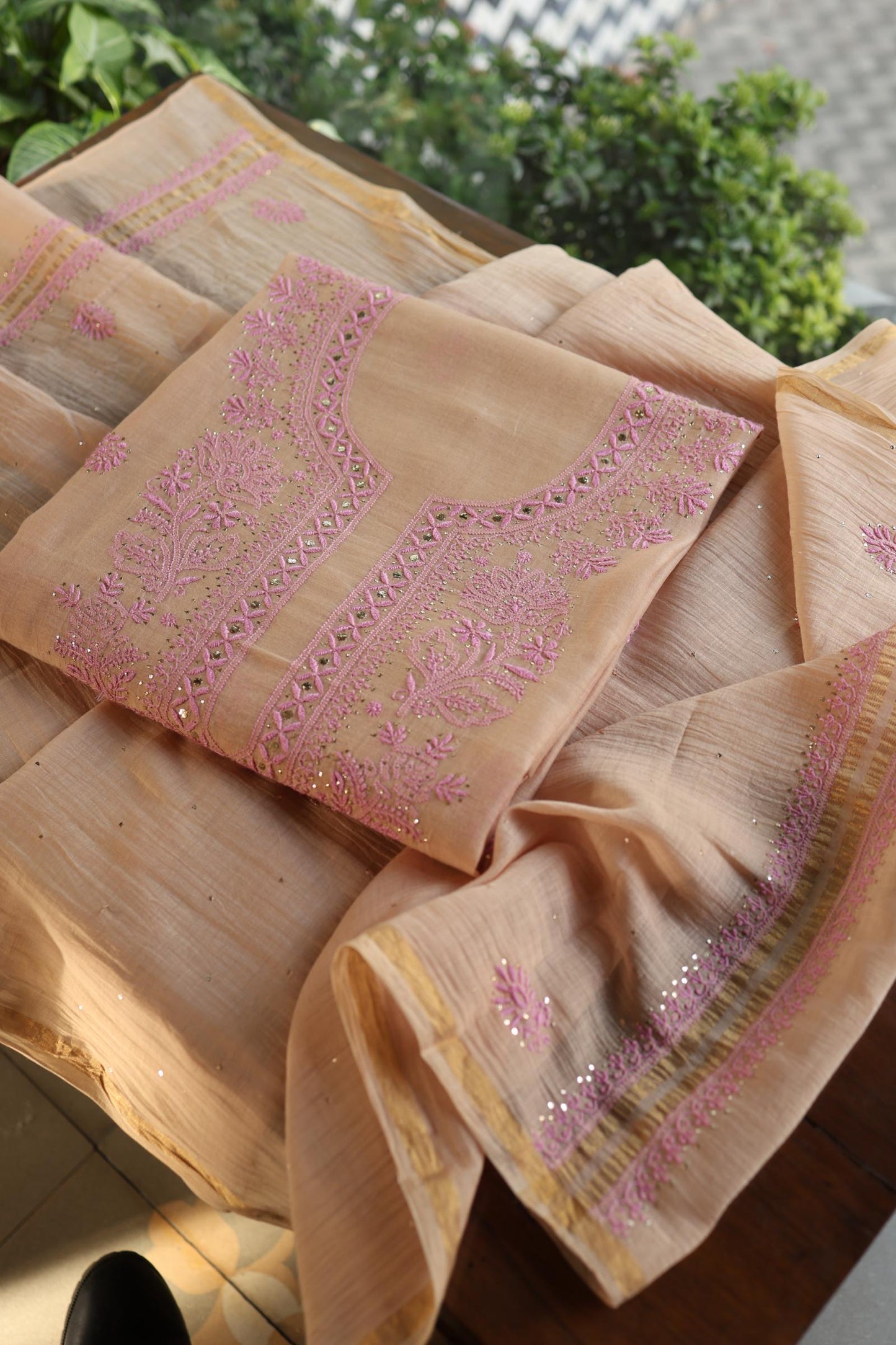 Natural Beige Mal Cotton Fine Chikankari With Kamdani Work Unstitched Fabric