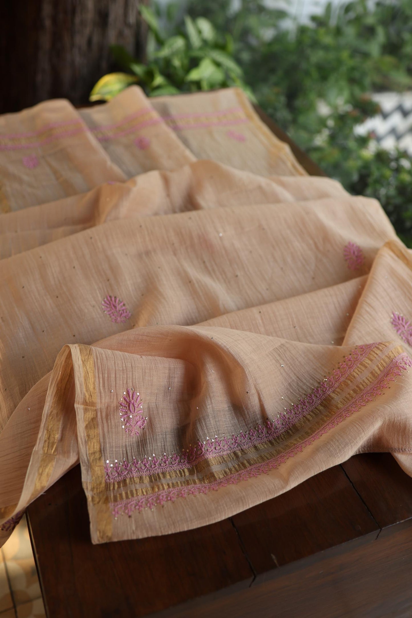 Natural Beige Mal Cotton Fine Chikankari With Kamdani Work Unstitched Fabric