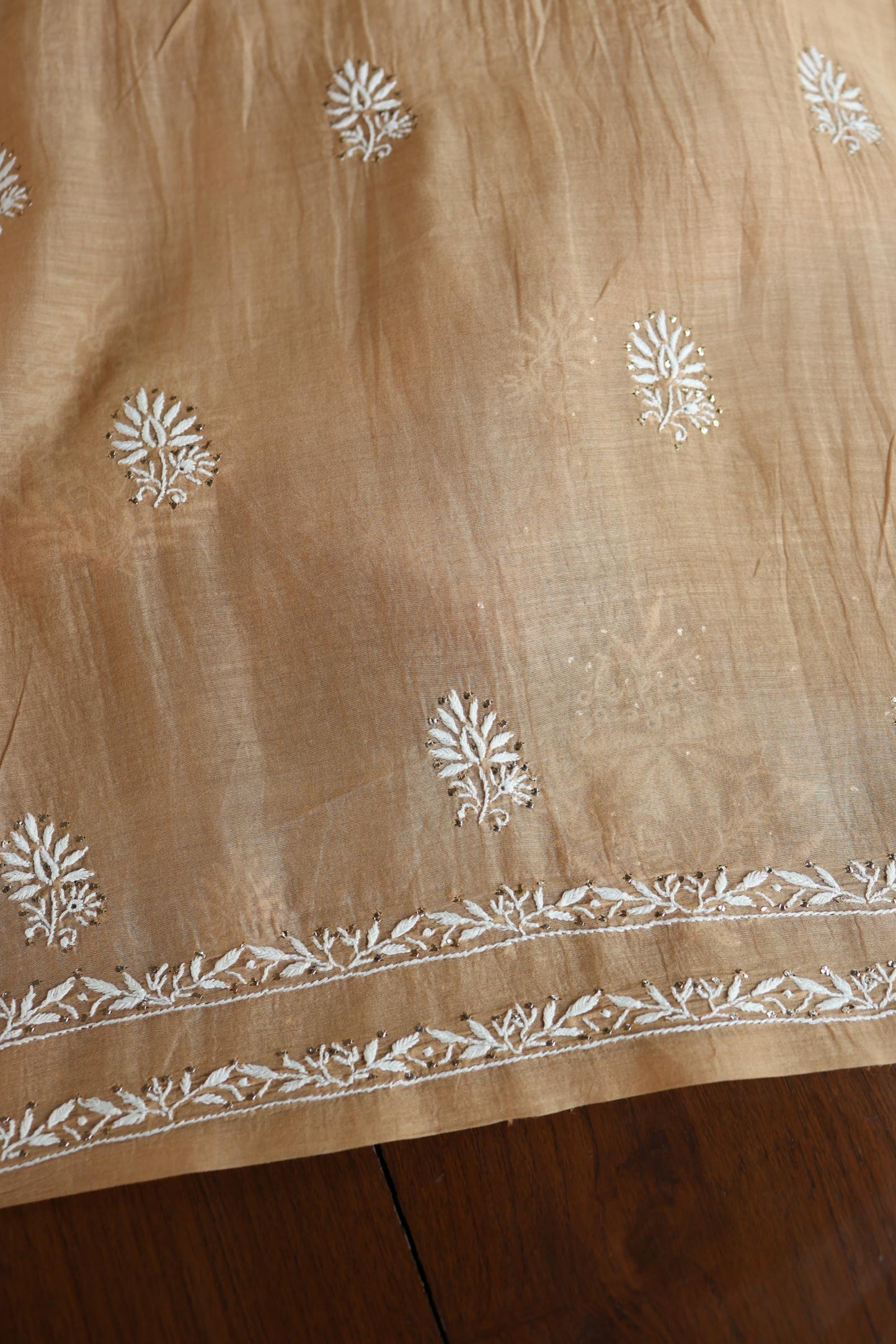 Natural Beige Mal Cotton Fine Chikankari With Kamdani Work Unstitched Fabric
