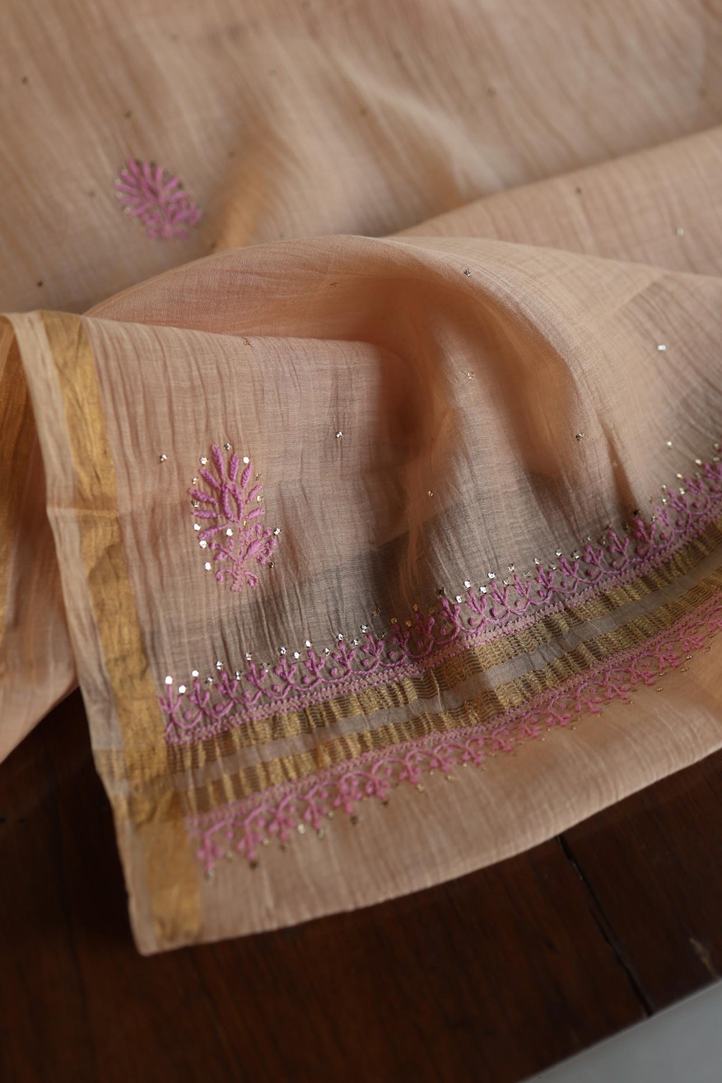 Natural Beige Mal Cotton Fine Chikankari With Kamdani Work Unstitched Fabric