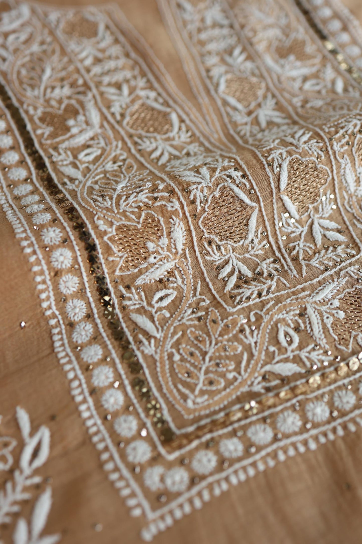 Natural Beige Mal Cotton Fine Chikankari With Kamdani Work Unstitched Fabric