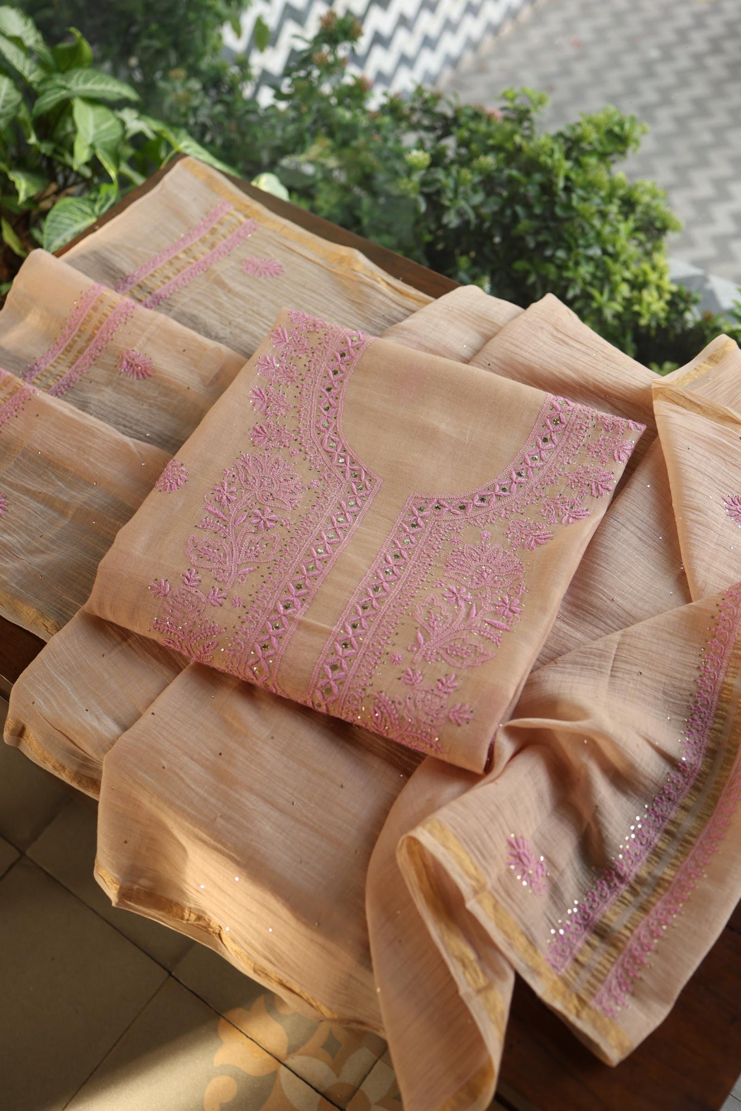 Natural Beige Mal Cotton Fine Chikankari With Kamdani Work Unstitched Fabric