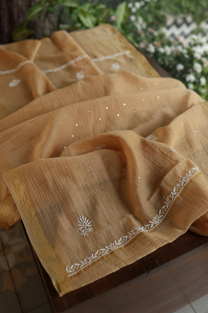 Natural Beige Mal Cotton Fine Chikankari With Kamdani Work Unstitched Fabric