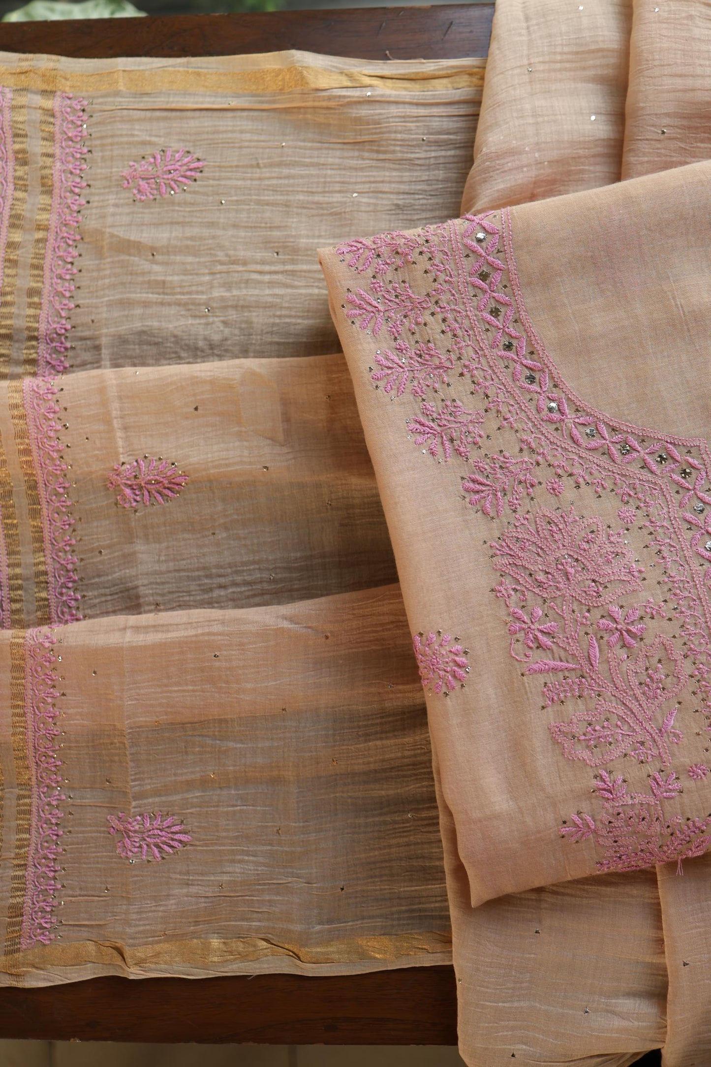 Natural Beige Mal Cotton Fine Chikankari With Kamdani Work Unstitched Fabric