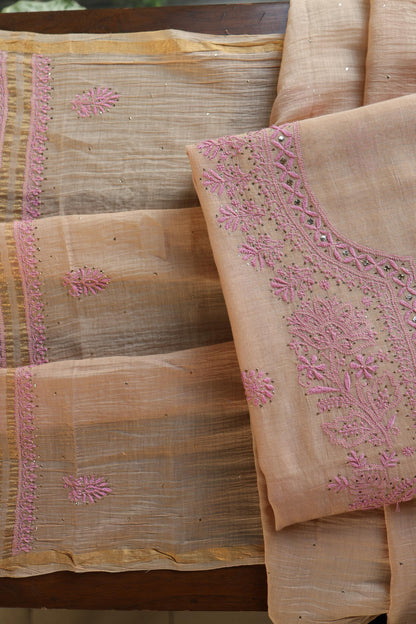 Natural Beige Mal Cotton Fine Chikankari With Kamdani Work Unstitched Fabric