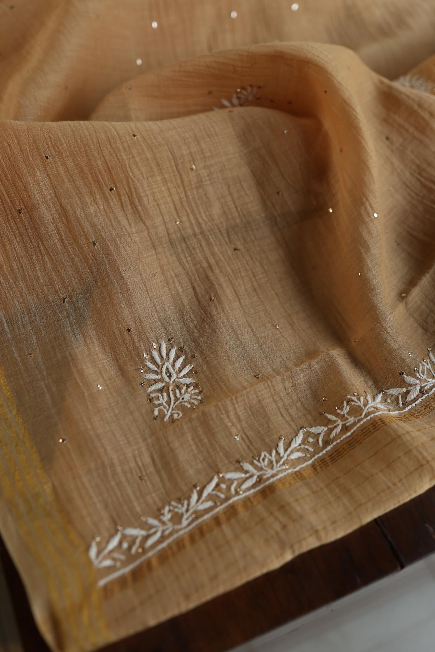 Natural Beige Mal Cotton Fine Chikankari With Kamdani Work Unstitched Fabric