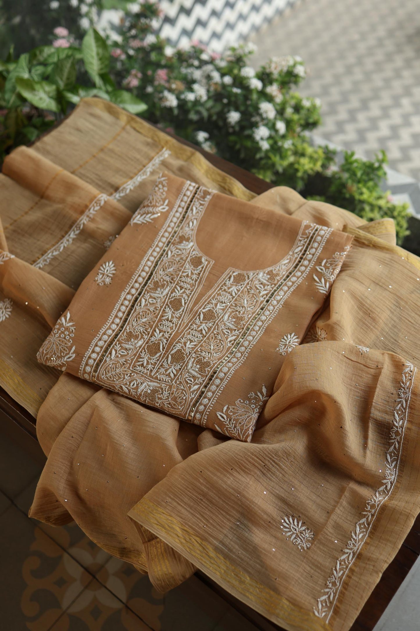 Natural Beige Mal Cotton Fine Chikankari With Kamdani Work Unstitched Fabric