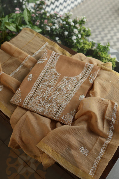 Natural Beige Mal Cotton Fine Chikankari With Kamdani Work Unstitched Fabric