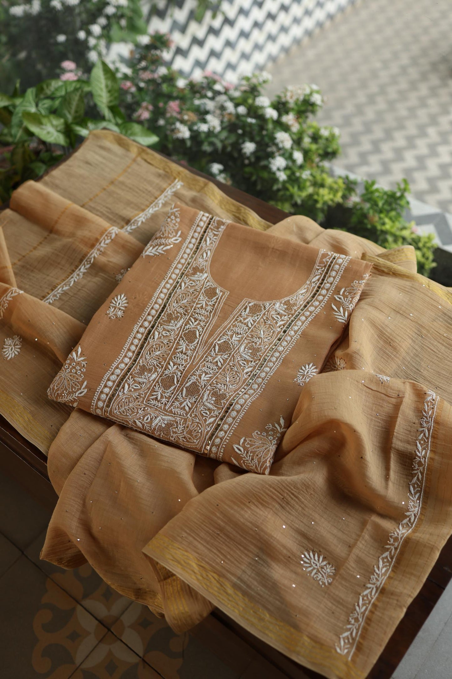 Natural Beige Mal Cotton Fine Chikankari With Kamdani Work Unstitched Fabric