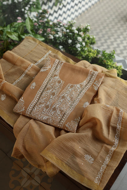 Natural Beige Mal Cotton Fine Chikankari With Kamdani Work Unstitched Fabric