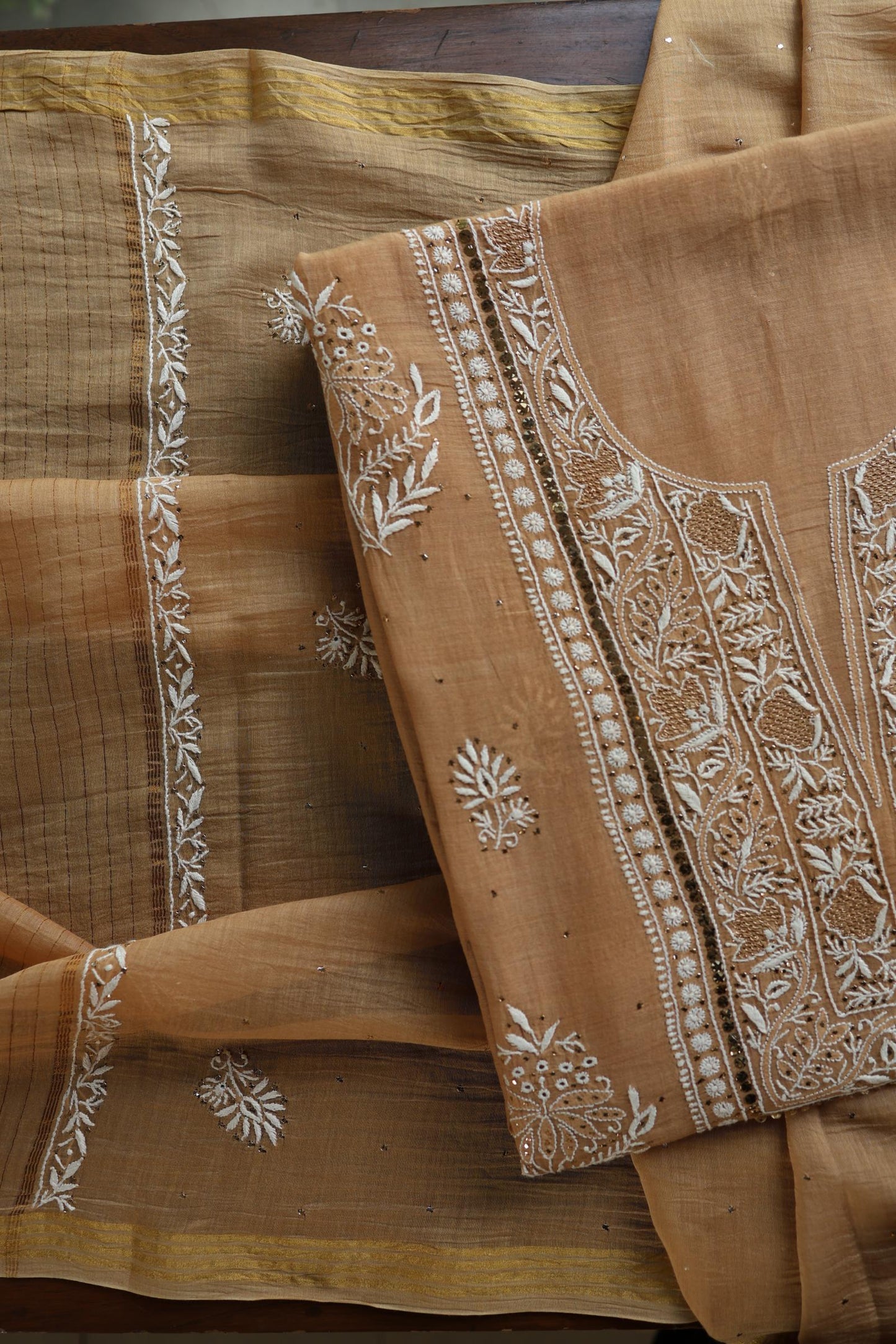 Natural Beige Mal Cotton Fine Chikankari With Kamdani Work Unstitched Fabric
