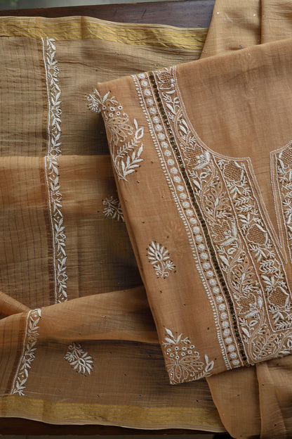 Natural Beige Mal Cotton Fine Chikankari With Kamdani Work Unstitched Fabric