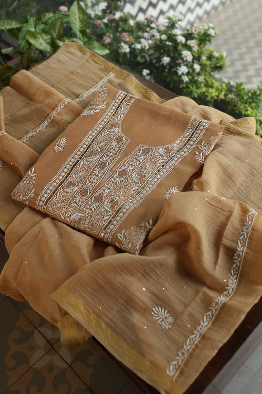 Natural Beige Mal Cotton Fine Chikankari With Kamdani Work Unstitched Fabric