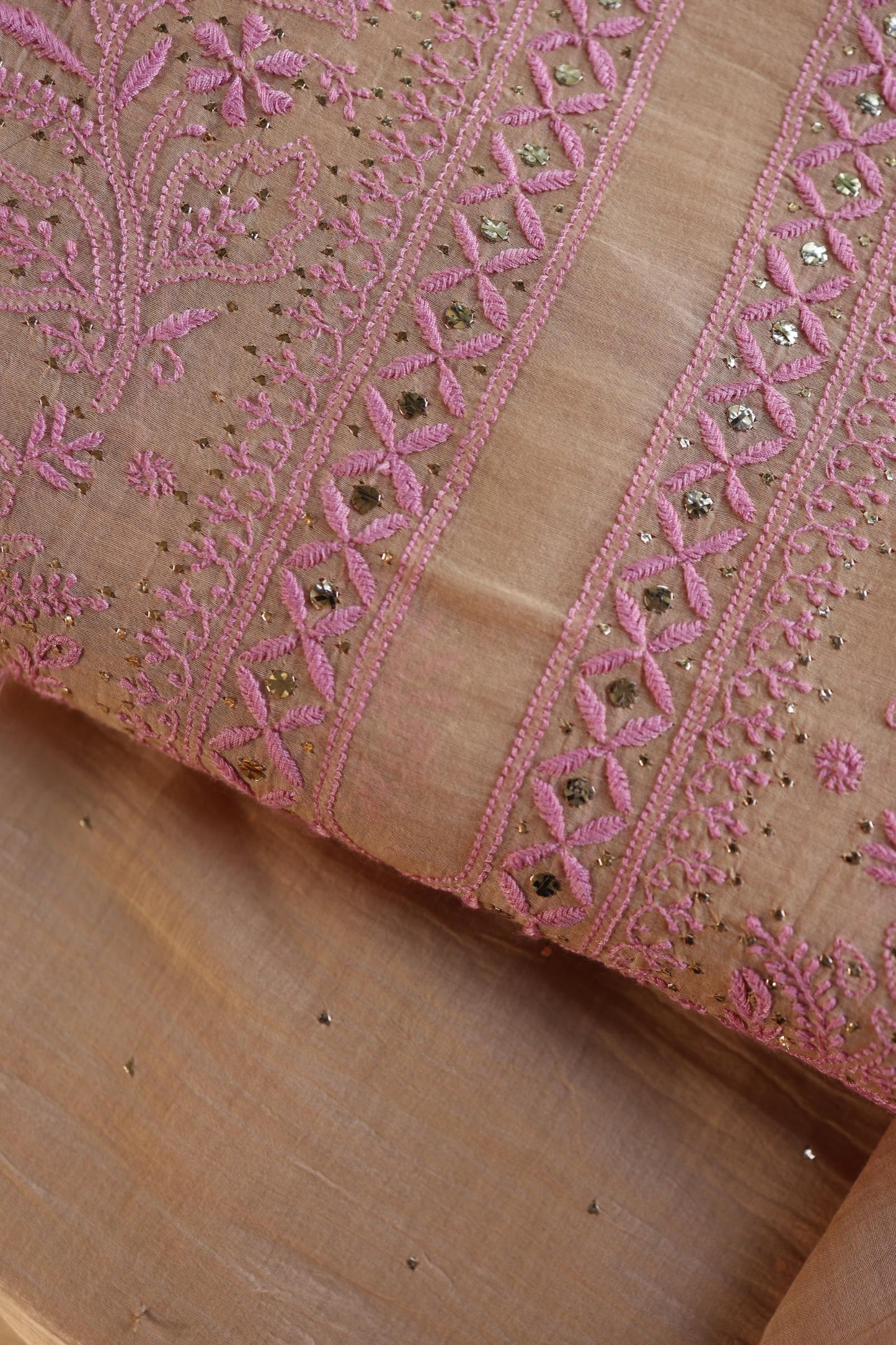 Natural Beige Mal Cotton Fine Chikankari With Kamdani Work Unstitched Fabric