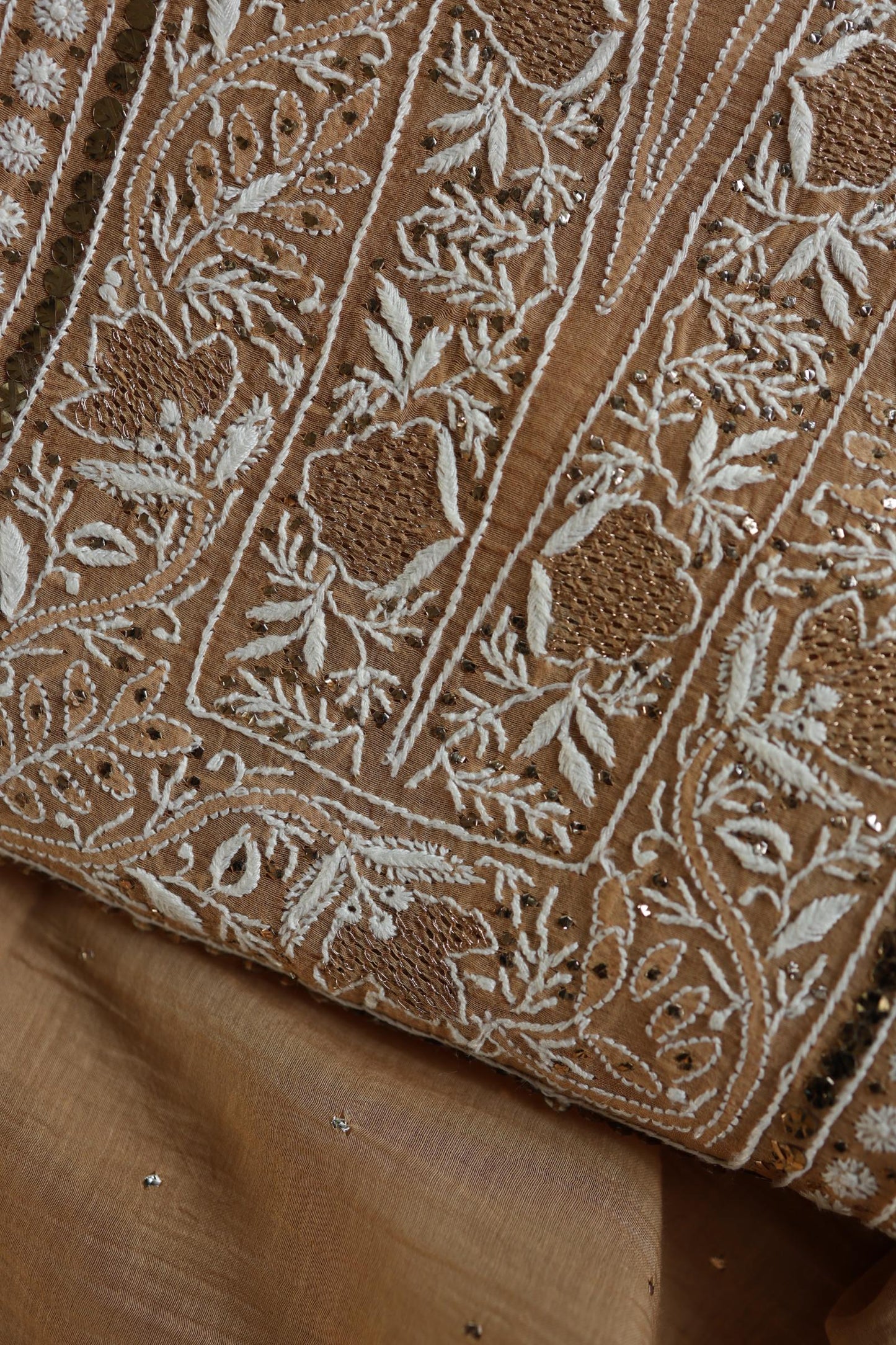 Natural Beige Mal Cotton Fine Chikankari With Kamdani Work Unstitched Fabric