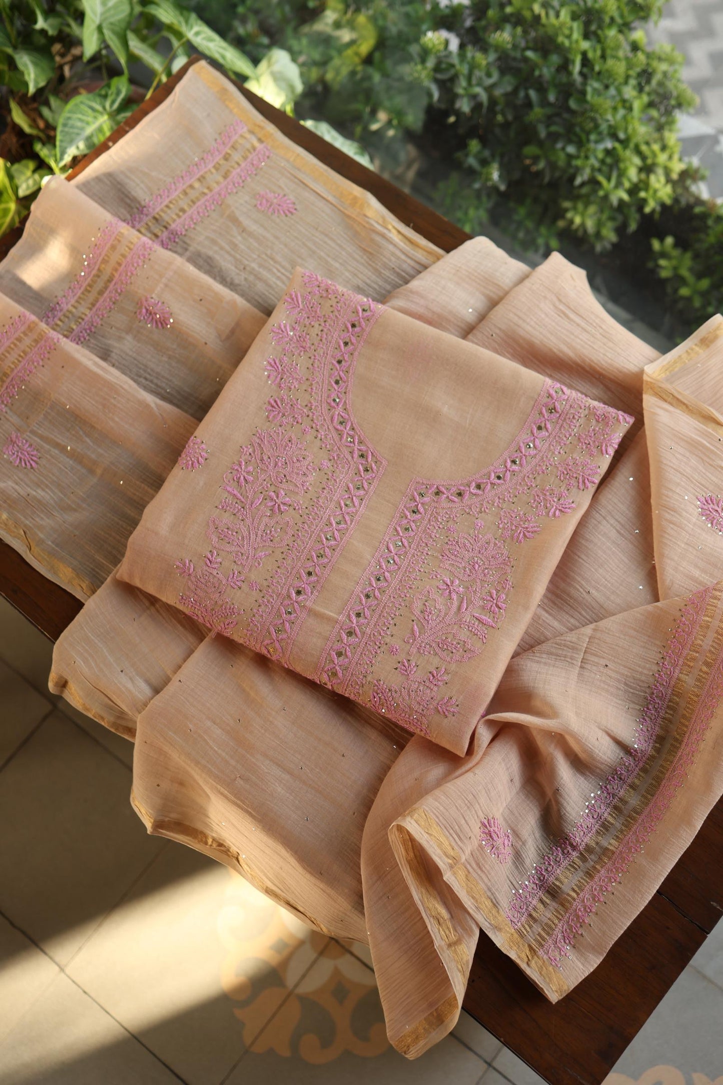 Natural Beige Mal Cotton Fine Chikankari With Kamdani Work Unstitched Fabric