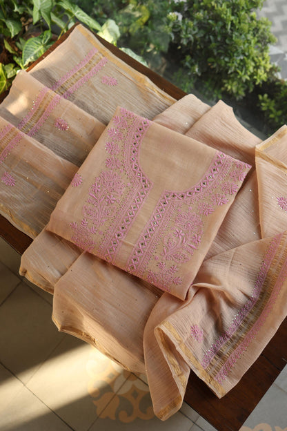 Natural Beige Mal Cotton Fine Chikankari With Kamdani Work Unstitched Fabric